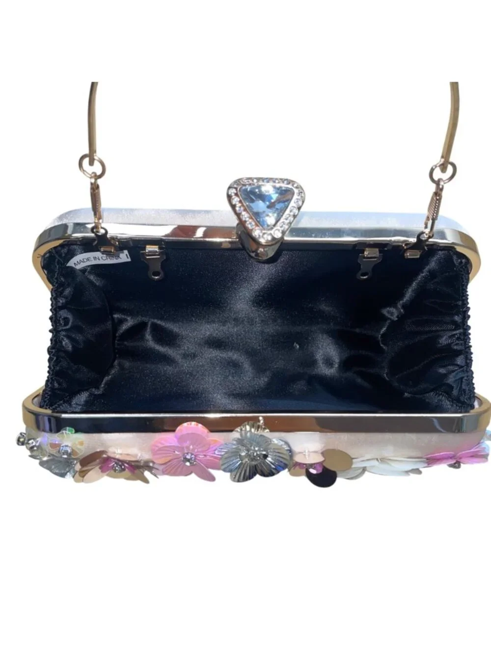 Women’s Pink Floral Embellishment With Chain Strap & Handle Clutch Purse